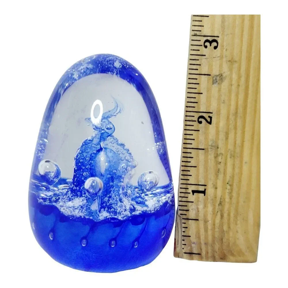 Vingate Glass Cobalt Blue Bubbles and Swirls Blown Glass‎ Paperweight Signed 3